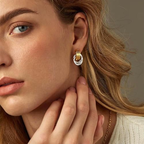 QJLE 4 Pairs Gold Silver Plated Earrings for Women Two Tone Drop Dangle Earrings Gold Hoop Earrings for Women Gold Hoops Huggie Trendy Jewelry - Image 2