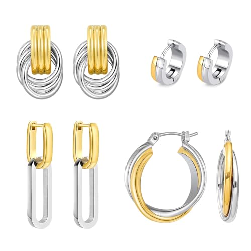 QJLE 4 Pairs Gold Silver Plated Earrings for Women Two Tone Drop Dangle Earrings Gold Hoop Earrings for Women Gold Hoops Huggie Trendy Jewelry - Image 1