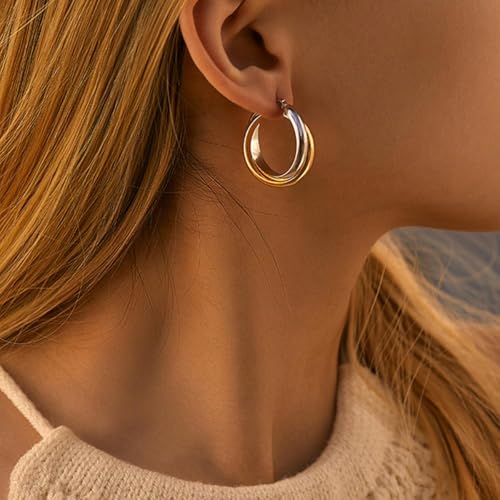 QJLE 4 Pairs Gold Silver Plated Earrings for Women Two Tone Drop Dangle Earrings Gold Hoop Earrings for Women Gold Hoops Huggie Trendy Jewelry - Image 5