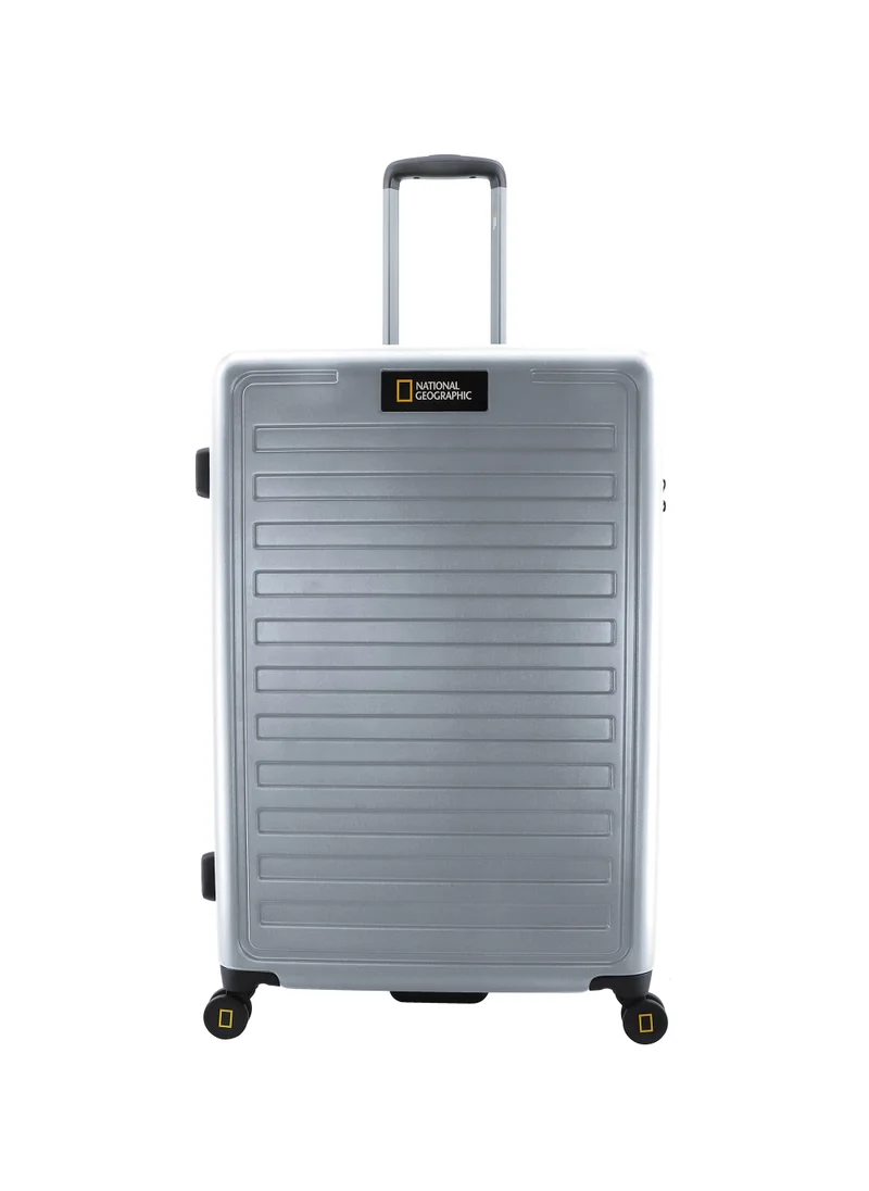 NATIONAL GEOGRAPHIC National Geographic Cruise 100% PC Hardshell Large Check-In Suitcase Silver, Durable Lightweight TSA Combination Lock Travel Luggage, 4 Quite Spinner Wheel Trolley Bag (28 Inch).