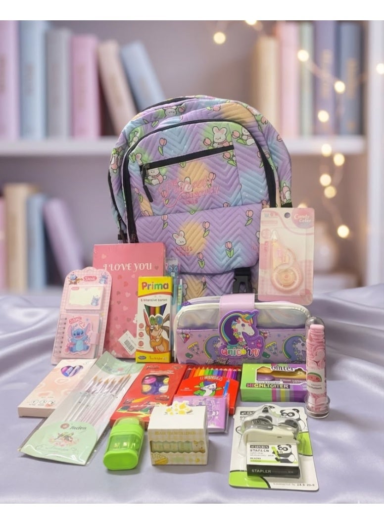 19-piece school supplies set (bag + pencil case + notebook + notepad + 3 highlighter pens + ruler + stapler + staples + colored pencils + watercolor pencils + markers + drawing brushes + 6 gel pens + colored adhesive strips + strip tissues + sticker note + mechanical pencil + 10-color cartoon film + eraser * sharpener)