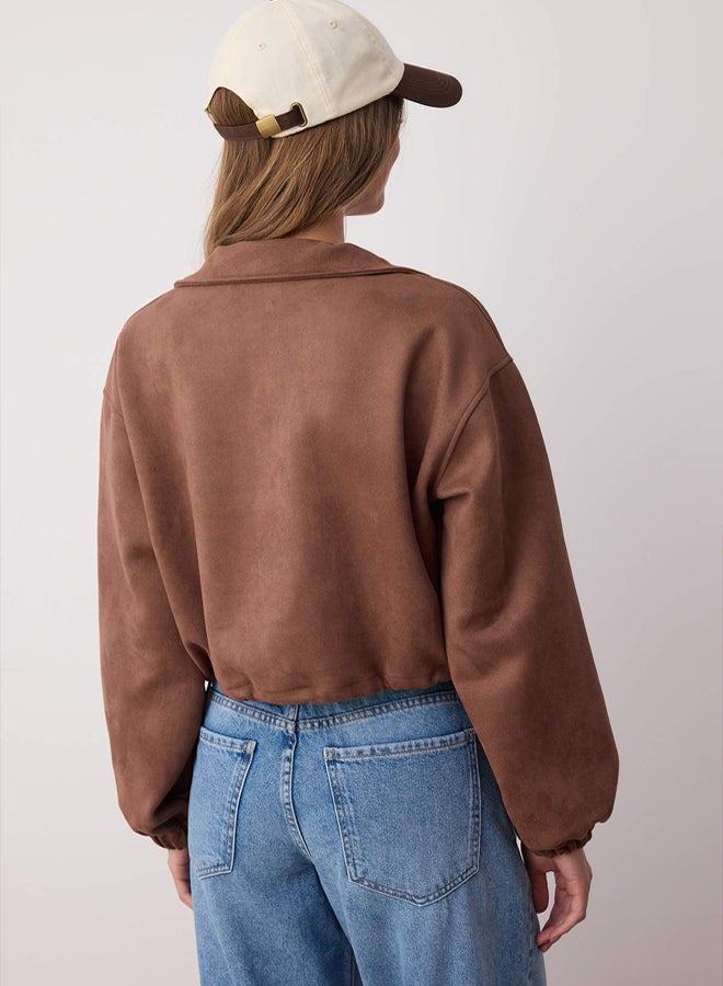 trendyol Dark Brown Straight Zipper Unlined Regular/Regular Fit Knitted Suede Jacket - Image 4