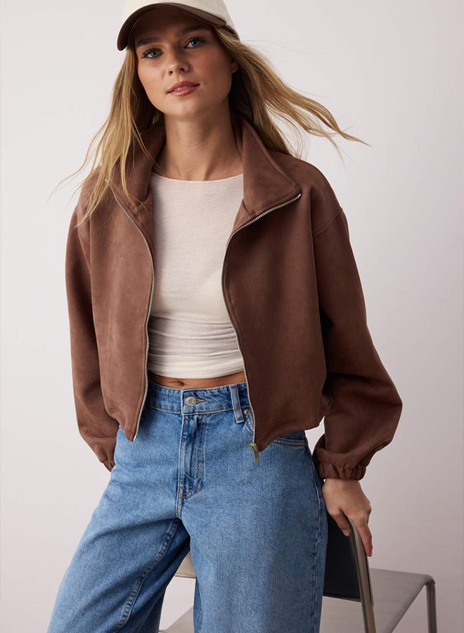 trendyol Dark Brown Straight Zipper Unlined Regular/Regular Fit Knitted Suede Jacket - Image 1