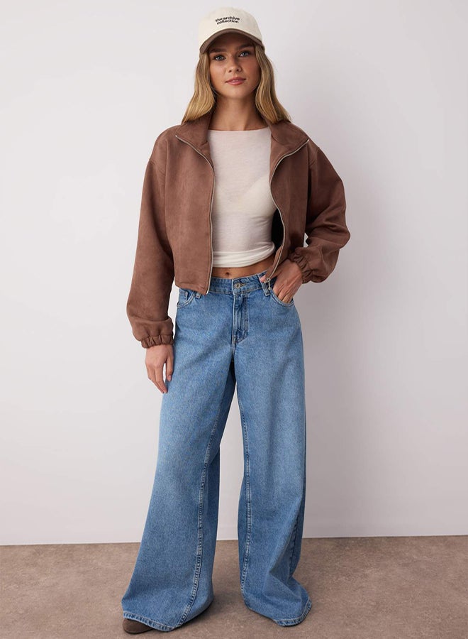 trendyol Dark Brown Straight Zipper Unlined Regular/Regular Fit Knitted Suede Jacket - Image 2