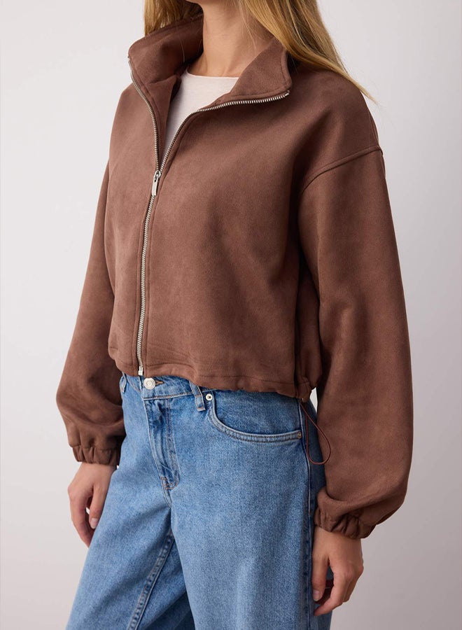 trendyol Dark Brown Straight Zipper Unlined Regular/Regular Fit Knitted Suede Jacket - Image 3