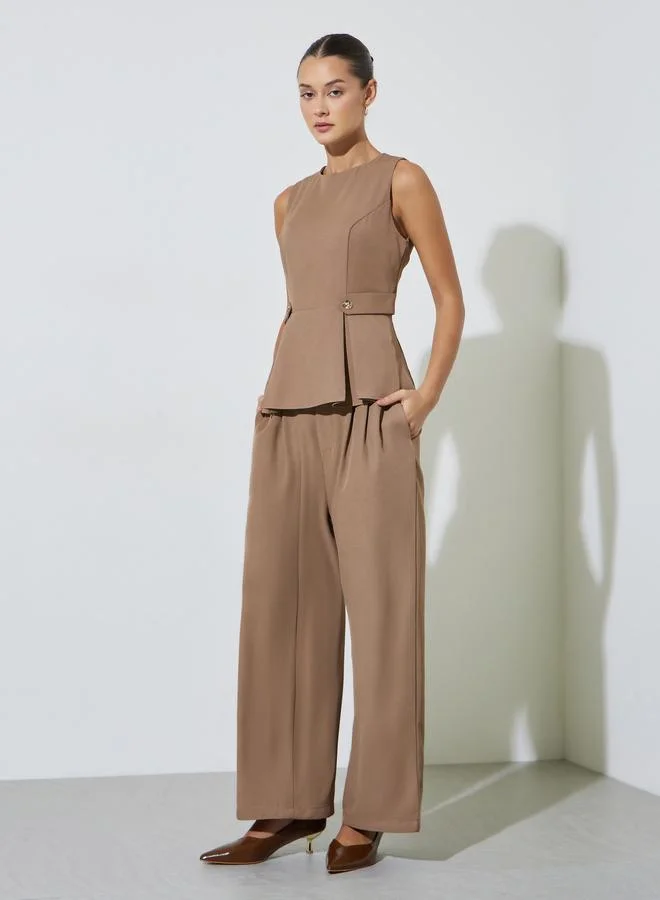 Styli Brown Sleeveless Button Details Pleated Peplum Top