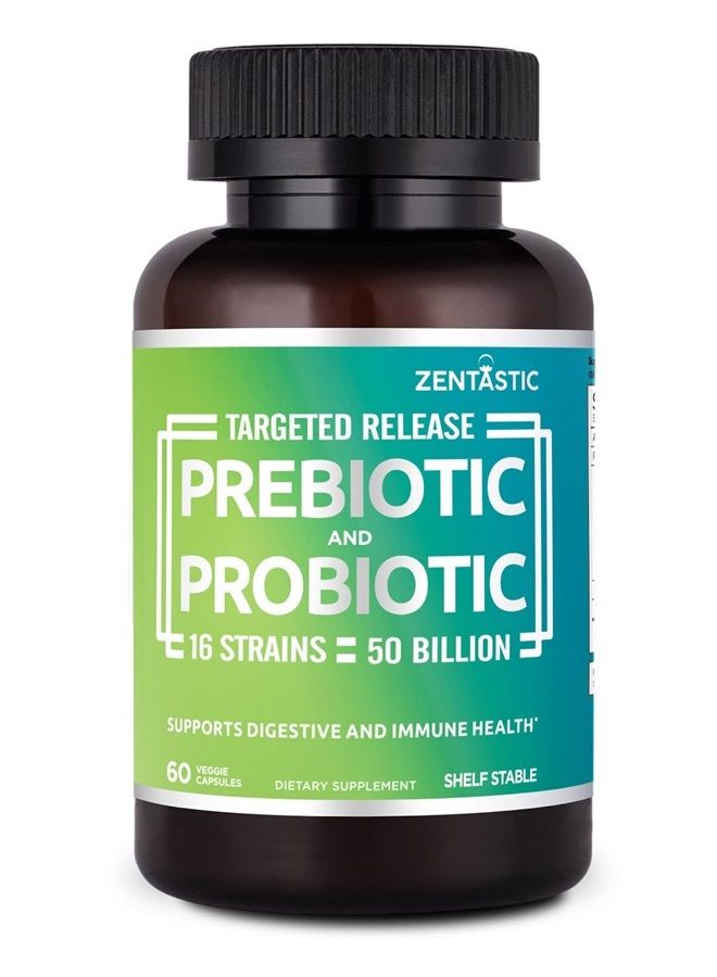 Zentastic Probiotics & Prebiotics Supplement - 50 Billion CFU - for Men & Women's Immune & Digestive Health - 16 Strains - Shelf Stable - 60 Delayed Release Veggie Capsules - Image 1