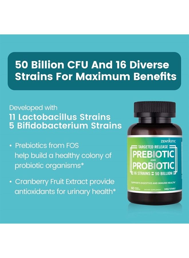 Zentastic Probiotics & Prebiotics Supplement - 50 Billion CFU - for Men & Women's Immune & Digestive Health - 16 Strains - Shelf Stable - 60 Delayed Release Veggie Capsules - Image 3