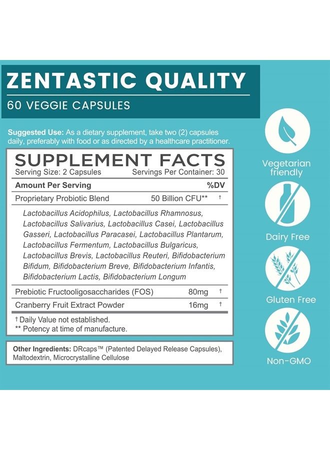 Zentastic Probiotics & Prebiotics Supplement - 50 Billion CFU - for Men & Women's Immune & Digestive Health - 16 Strains - Shelf Stable - 60 Delayed Release Veggie Capsules - Image 2