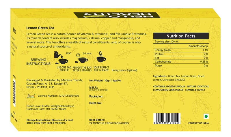 Hello Healthy Lemon Green Tea & Ginger Tulsi Green Tea | 20 Tea bags Each Box | Boost immune | Refreshing Green Tea | 40 Tea Bags (Pack of 2) - Image 3