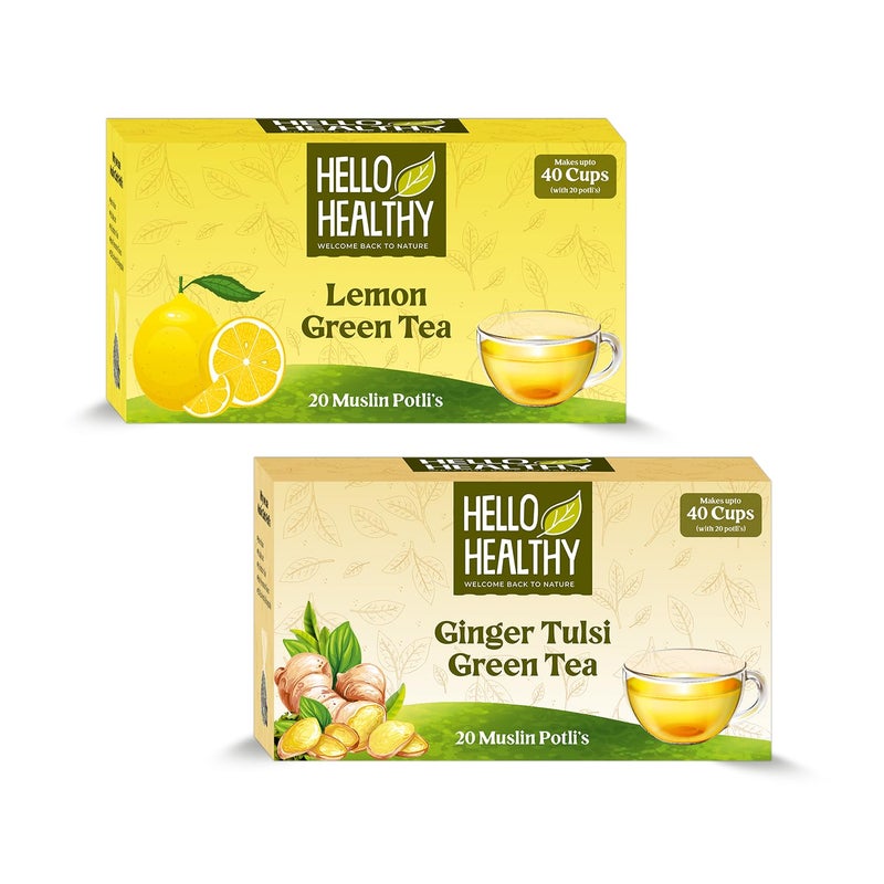 Hello Healthy Lemon Green Tea & Ginger Tulsi Green Tea | 20 Tea bags Each Box | Boost immune | Refreshing Green Tea | 40 Tea Bags (Pack of 2) - Image 1