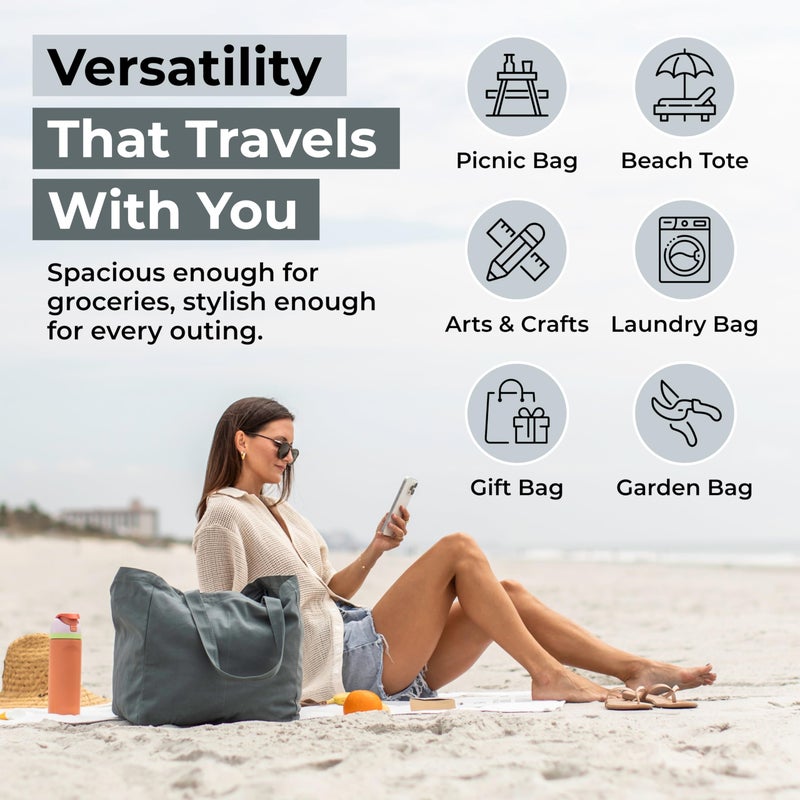 VeraMia Canvas Grocery Bag 3pc Jumbo Set with Real Pockets, Long Shoulder Strap and Short Handle. Reusable Shopping Bags for Groceries Heavy Duty, Foldable, Washable, Grocery Tote Bag (Caribbean Blue) - Image 5