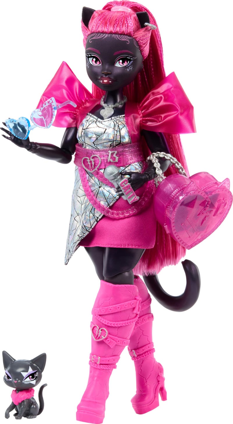 MONSTER HIGH دمية مونستر هاي كاتي نوار، ويريكت مع قطة أمويلت وملحقات مثل حقيبة ظهر، كتاب موسيقى، ميكروفون والمزيد - Image 1