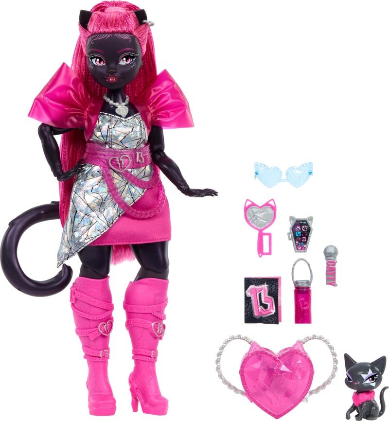 MONSTER HIGH دمية مونستر هاي كاتي نوار، ويريكت مع قطة أمويلت وملحقات مثل حقيبة ظهر، كتاب موسيقى، ميكروفون والمزيد - Image 5