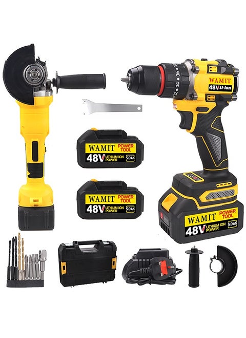 48V Power Tool Set,Cordless Drill and Angle Grinder,10000 RPM Grinder,25+3 Position Clutch Electric Drill,Tool Kit,With 2 * 5.0Ah Batteries and Fast Charger