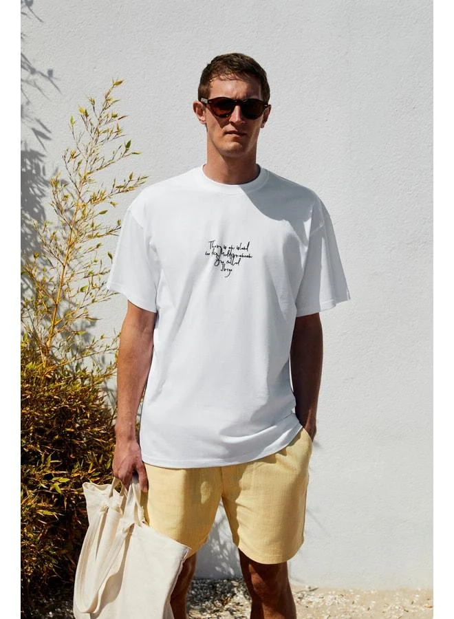 Grimelange ITALIA Men's 100% Organic Cotton Front and Back Print Detailed Oversized Short Sleeve White T-Shirt.