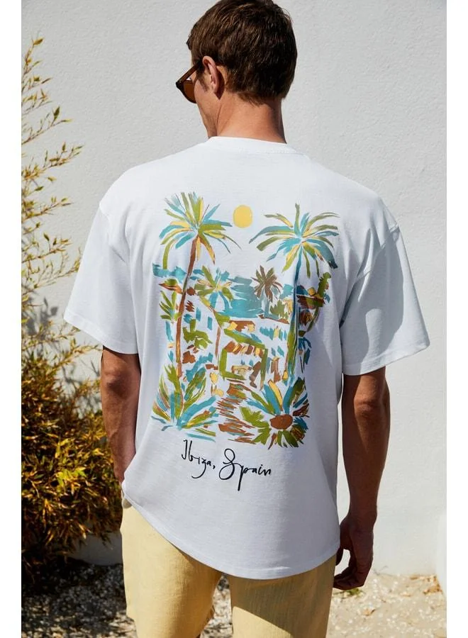 Grimelange ITALIA Men's 100% Organic Cotton Front and Back Print Detailed Oversized Short Sleeve White T-Shirt.