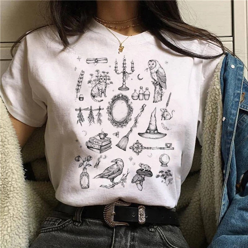 wish fun horror printed pattern round neck short sleeve t-shirt women's top - Image 1
