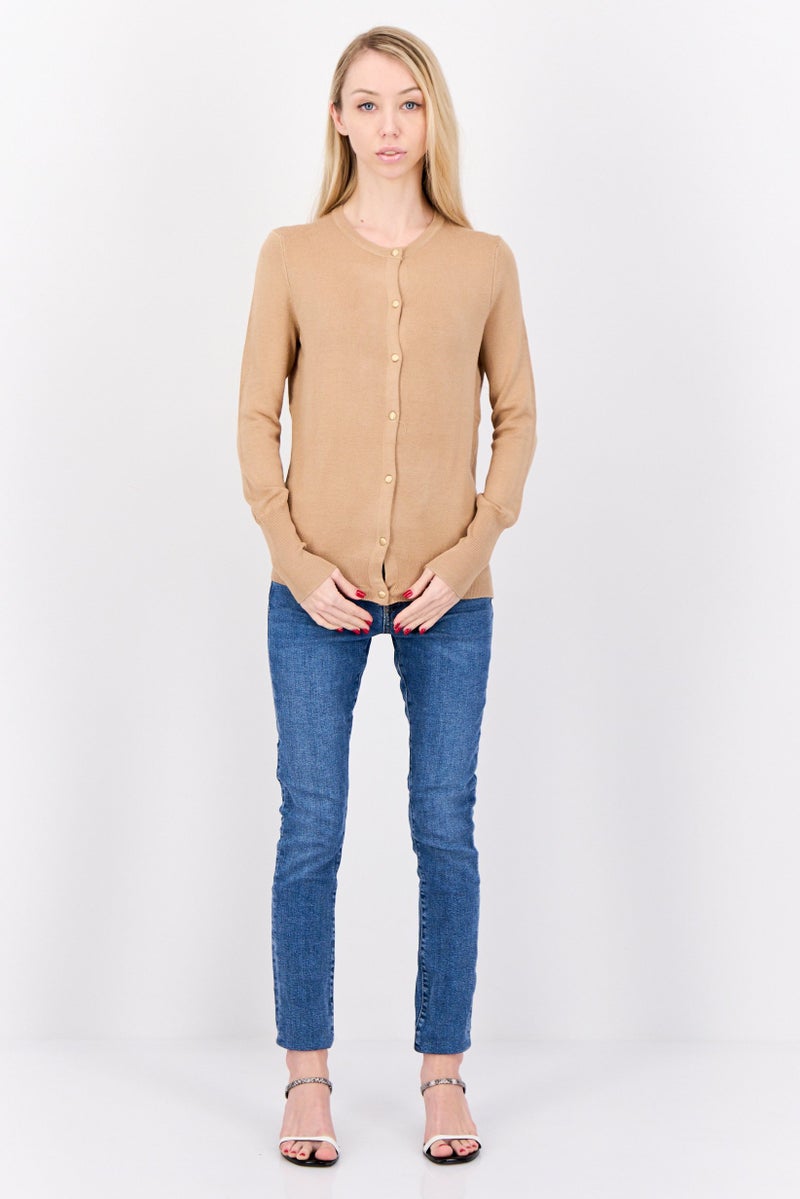 PHILOSOPHY Women Round Neck Textured Cardigan, Tan  - Image 4