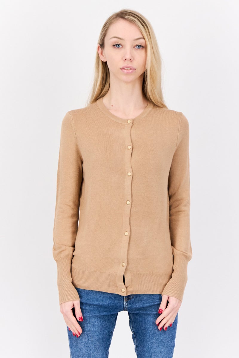 PHILOSOPHY Women Round Neck Textured Cardigan, Tan  - Image 1