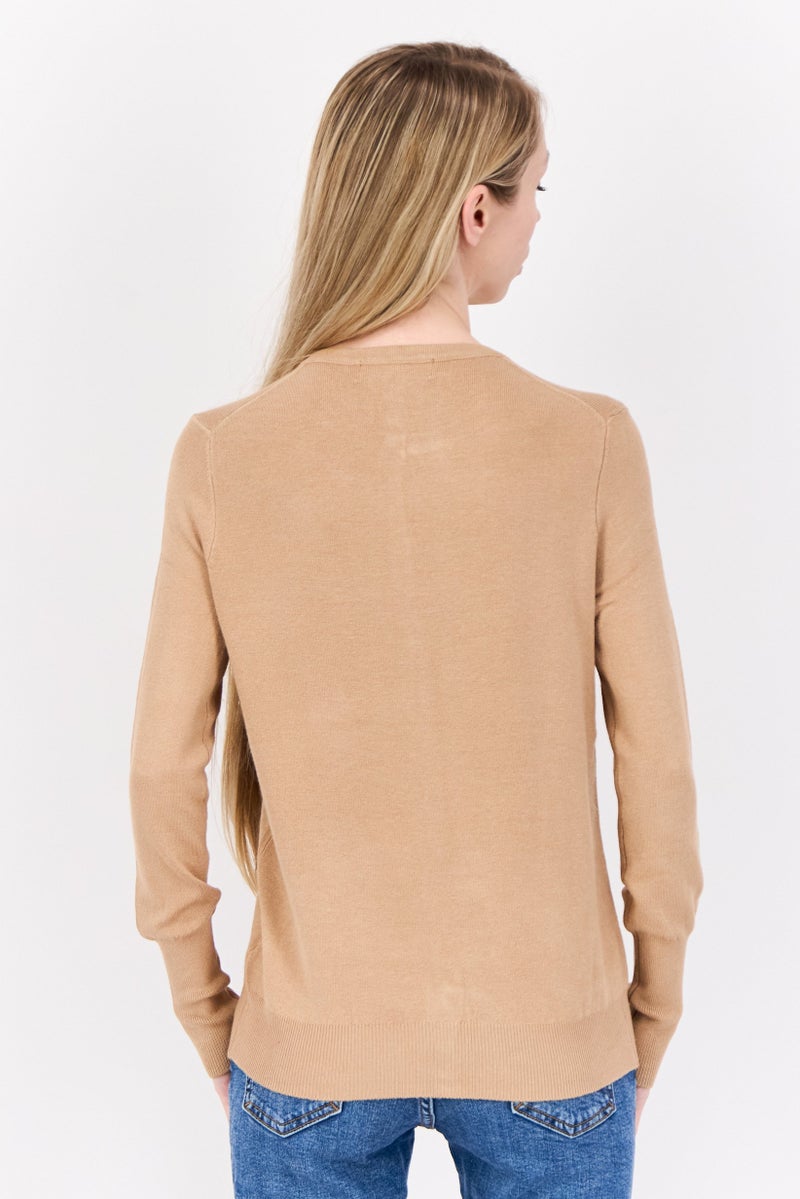 PHILOSOPHY Women Round Neck Textured Cardigan, Tan  - Image 3