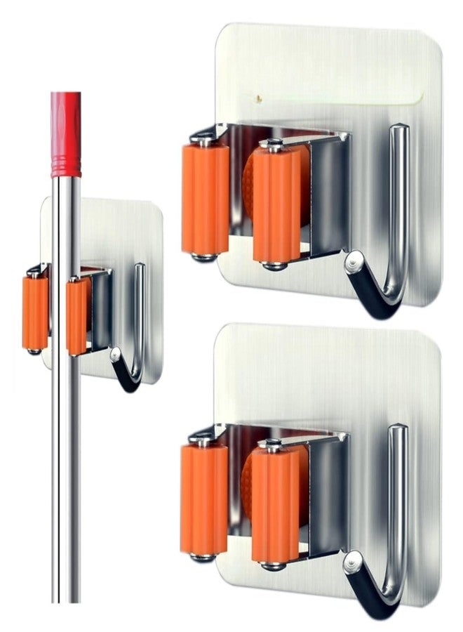 Boniry Adhesive Mop Holder and Broom Holder Wall Mounted Steel | Broom Stick Holder Wall Mounted for Home No Drilling (2, Orange) - Image 1