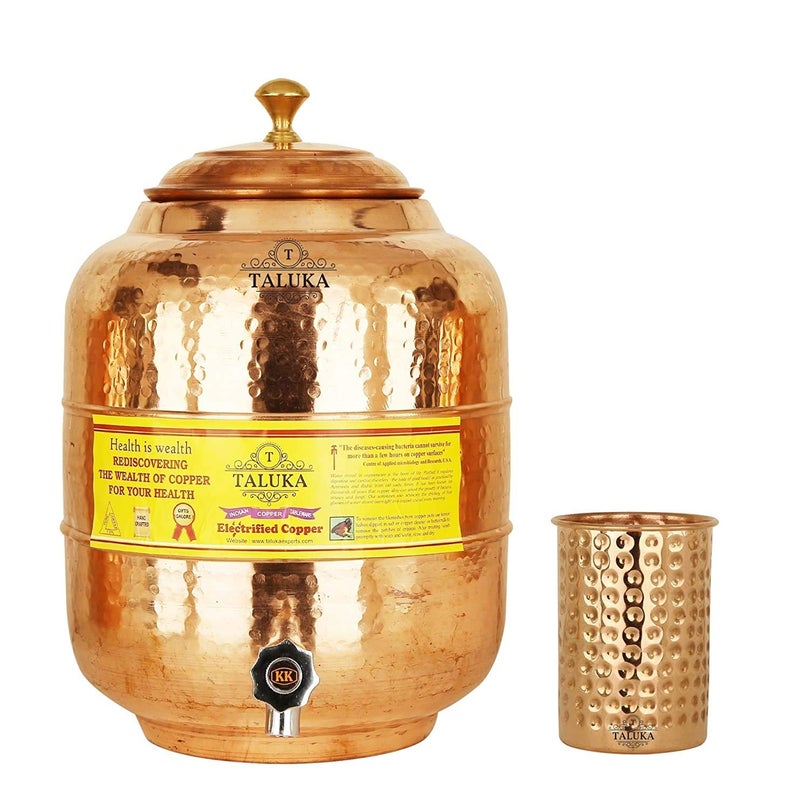 Taluka Copper Hammer Water Pot Tank Dispenser 6 Liter with 350 ML Glass 1 PC Dinkware - Image 1