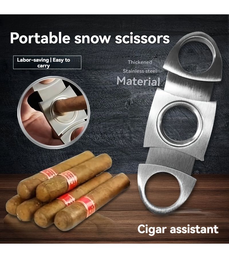 Silvery And Golden Double Blade Stainless Steel Cigar Cutter With Leather Case Portable Lightweight Design Sharp Blade - Image 2