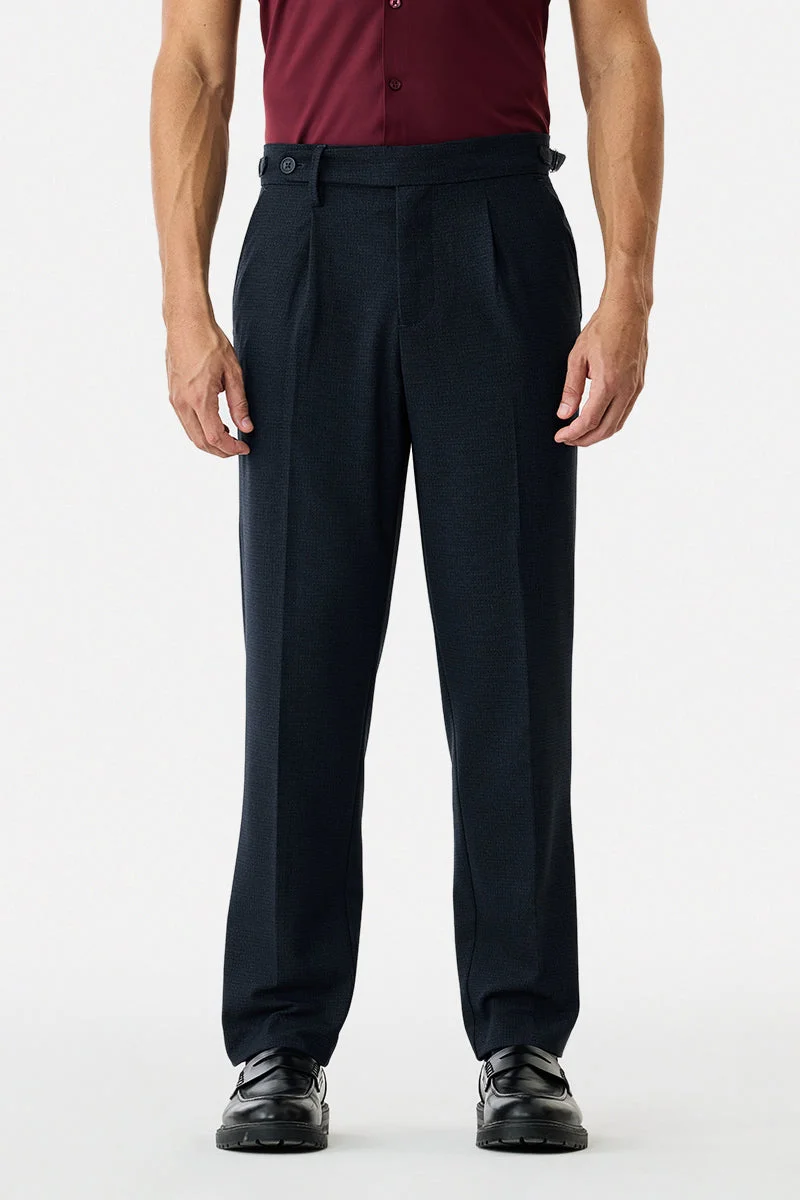 Snitch Navy Relaxed Fit Stretch Pleated Trousers for Men | Best Price UAE