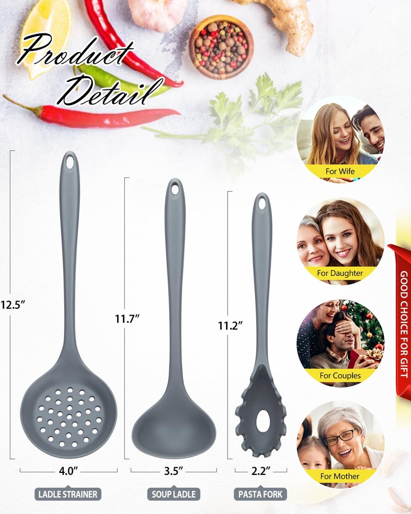 SouxMux 3 Pcs Silicone Kitchen Utensils Set, Soup Ladle-Pasta Fork-Slottede Spoon, Nonstick BPA Free High Heat Resistant Cooking Utensils for Mixing, Serving, Draining, Turning, Stirring - Image 3