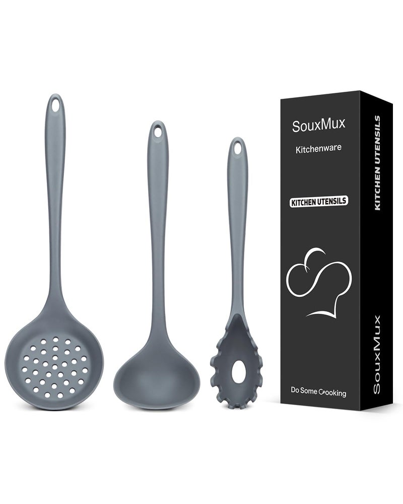 SouxMux 3 Pcs Silicone Kitchen Utensils Set, Soup Ladle-Pasta Fork-Slottede Spoon, Nonstick BPA Free High Heat Resistant Cooking Utensils for Mixing, Serving, Draining, Turning, Stirring - Image 1