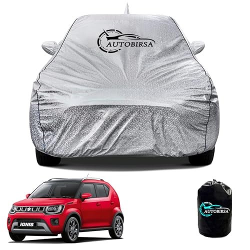 AUTOBIRSA Waterproof Car Body Cover for Maruti Ignis with Mirror and Antenna Pocket and Soft Cotton Lining (4 Side Elastic Triple Stitched & Metallic Silver with Black Piping Style) - Image 1