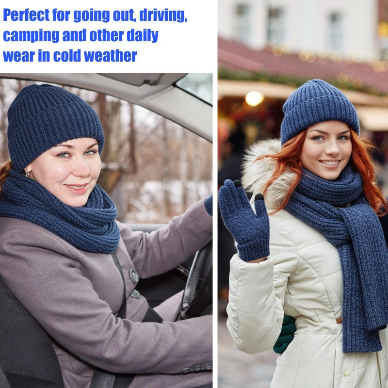 Breathffy 4 Pcs Winter Hat Scarf Gloves Headband Set Knit Beanie Touch Screen Gloves Long Scarf Valentine Gift for Women Men(Chic Style,Deep Blue) - Image 5