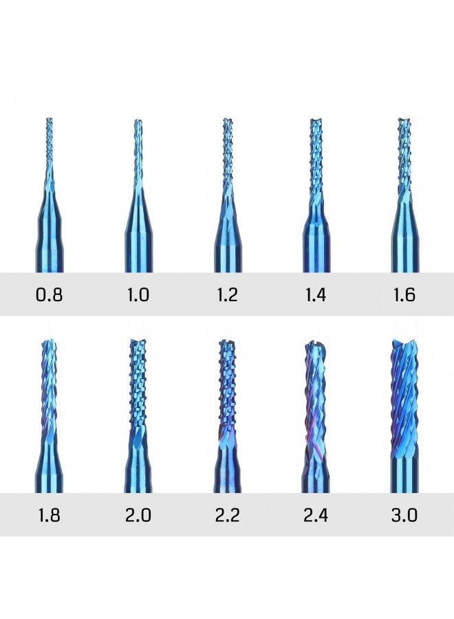 SainSmart SainSmart Genmitsu 10Pcs Nano Blue Coat End Mill CNC Router Bits, 0.8-3mm, 1/8" Shank - Image 2