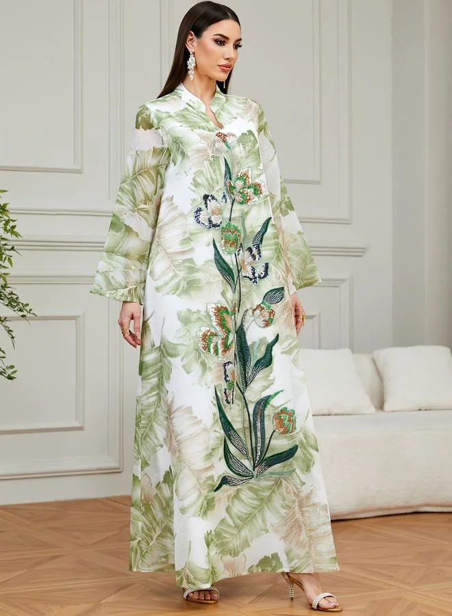 تايك تو Green Leaf Print Sequin A-Line Maxi Jalabiya