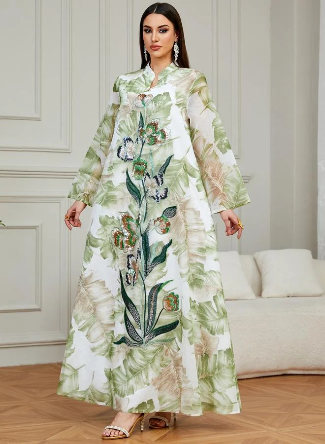 تايك تو Green Leaf Print Sequin A-Line Maxi Jalabiya