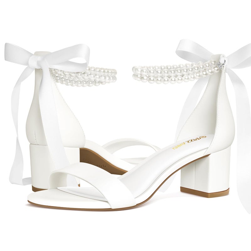 PIZZ ANNU Women's Low Block Chunky Heels Sandals Comfortable Open Toe Ankle Strap Pearl Bridal Dress Pump Shoes Bride Heeled Sandal, White Pearl 7.5 - Image 4