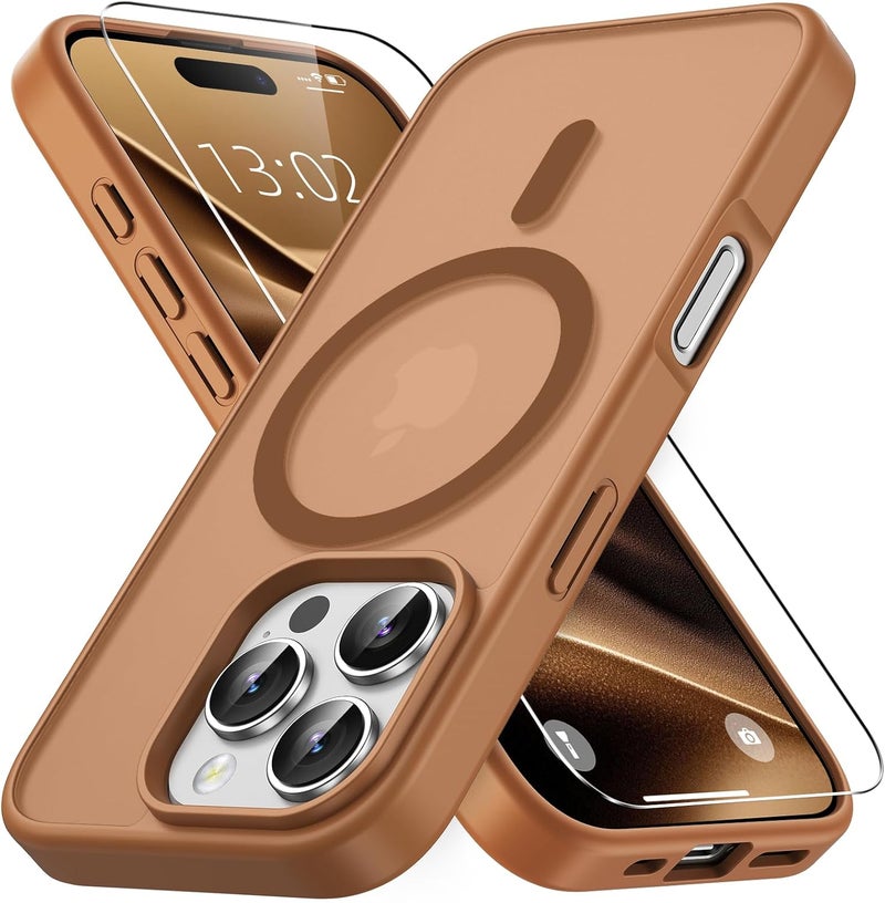 Vansdon Magnetic for iPhone 16 Pro Case with 1 Protective Glass, Compatible with Magsafe, Military Standard Drop Protection, Translucent Matte Back, Shockproof Mobile Phone Case, Coffee Brown - Image 1