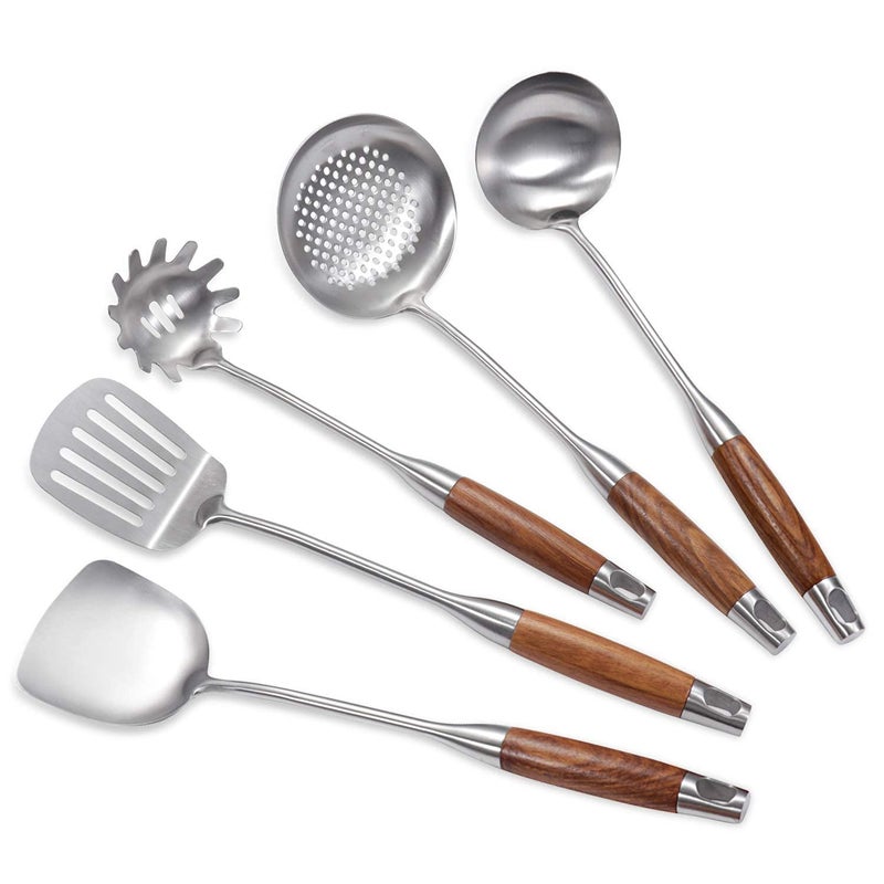 IQCWOOD Cooking Utensils Set 5 Piece Wooden Utensils for Cooking Stainless Steel Cooking Utensils Wooden Spatula Kitchen Tool Set Kitchen Gadgets Wood Cooking Spatula Set for Kitchen