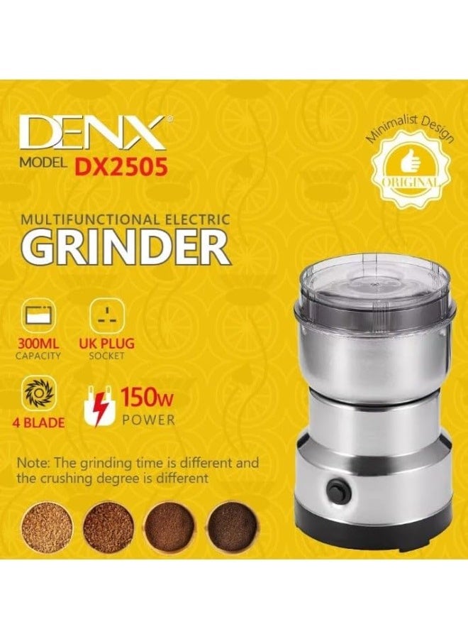 دينكس مطحنة كهربائية متعددة الوظائف من DENX طراز DX2505 - مطحنة مدمجة متعددة الاستخدامات بقدرة 150 واط | سعة 300 مل | 4 شفرات من الفولاذ المقاوم للصدأ | مناسبة للقهوة والتوابل والمكسرات والأعشاب والعصائر | ألوان متعددة، قابس بريطاني. - Image 5