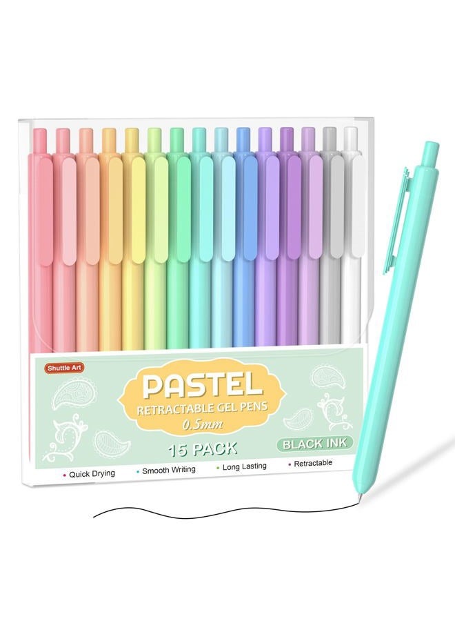 Shuttle Art Retractable Black Gel Pens Set, 15 Pack 0.5mm Black Ink Pastel Gel Ink Pens, Fine Point Rollerball Cute Pens for Women Students Writing Journaling Taking Notes School Office Supplies - Image 1