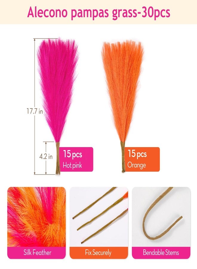 Alecono Pampas Grass 17in 𝟯𝟬𝙋𝙘𝙨, Orange and Hot Pink Artificial Faux Fluffy Pampas Grass Decor for Home Wedding Centerpieces Party - Image 2