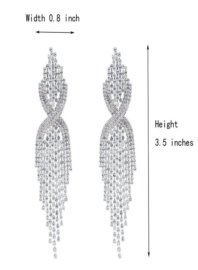 CHRAN Silver Rhinestone Long Tassels Dangle Chandelier Earrings Jewelry Size 3.5" - Image 4