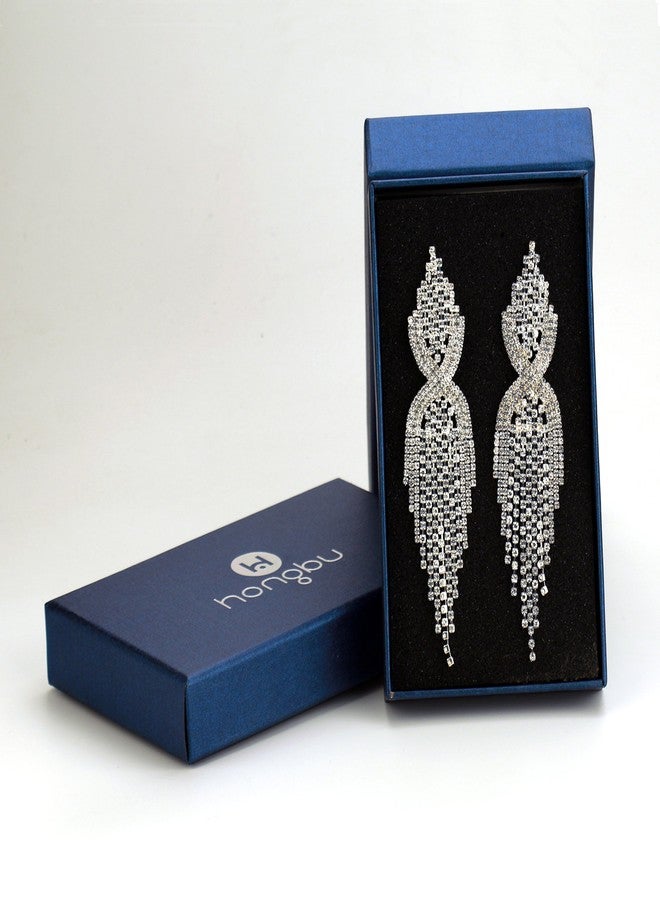 CHRAN Silver Rhinestone Long Tassels Dangle Chandelier Earrings Jewelry Size 3.5" - Image 5