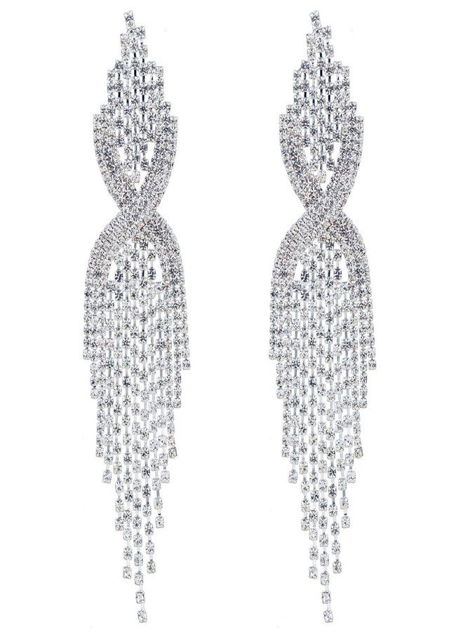 CHRAN Silver Rhinestone Long Tassels Dangle Chandelier Earrings Jewelry Size 3.5" - Image 1