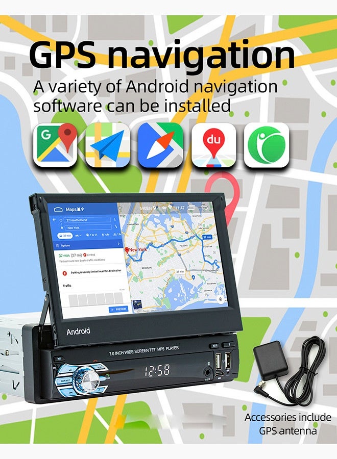 تونكي مشغل وسائط للسيارة بشاشة قابلة للسحب 7 بوصة، يدعم CarPlay وAndroid Auto لاسلكيًا، GPS، واي فاي، MirrorLink، منفذي USB وType-C، راديو RDS - Image 4