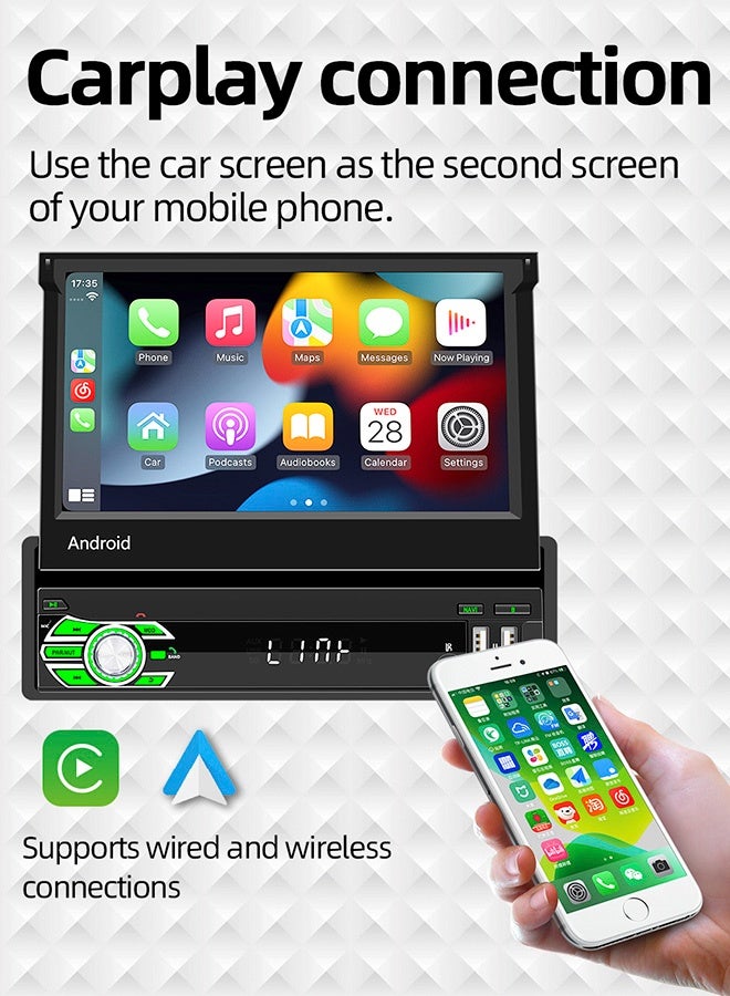 تونكي مشغل وسائط للسيارة بشاشة قابلة للسحب 7 بوصة، يدعم CarPlay وAndroid Auto لاسلكيًا، GPS، واي فاي، MirrorLink، منفذي USB وType-C، راديو RDS - Image 5