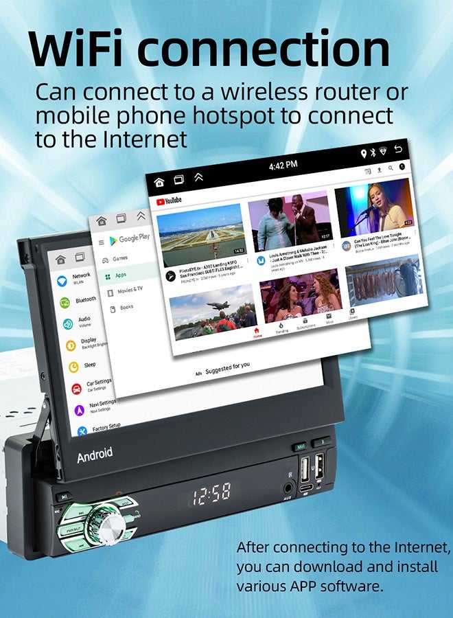تونكي مشغل وسائط للسيارة بشاشة قابلة للسحب 7 بوصة، يدعم CarPlay وAndroid Auto لاسلكيًا، GPS، واي فاي، MirrorLink، منفذي USB وType-C، راديو RDS - Image 3
