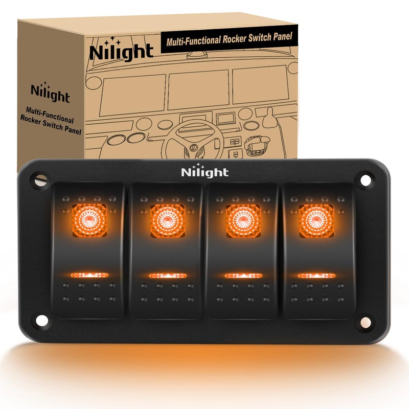 Nilight 4 Gang Rocker Switch Panel with Orange LED Light 5 Pin On Off PreWired Aluminum Toggle Switches Waterproof for 12V24V Cars Marine Boats ATVs Trailers RV Trucks - Image 2