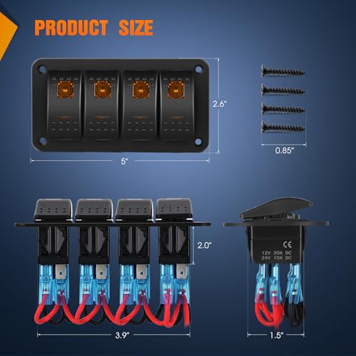 Nilight 4 Gang Rocker Switch Panel with Orange LED Light 5 Pin On Off PreWired Aluminum Toggle Switches Waterproof for 12V24V Cars Marine Boats ATVs Trailers RV Trucks - Image 3